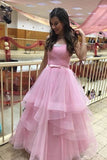 Unique Pink Tulle Long Prom Dress Strapless Belt Sweet 16 Dress P1284