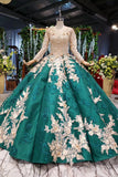 Ball Gown Long Sleeve Satin Beads Prom Dresses, Quinceanera Dresses with Appliques P1282
