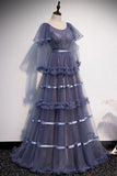 Elegant A Line Long Sleeve Tulle Round Neck Long Prom Dress Lace up Evening Dress P1205