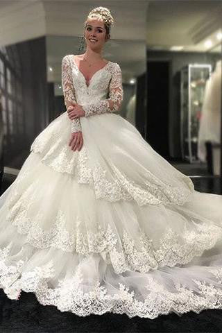 Gorgeous Long Sleeve V-Neck Open Back Lace Ball Gown Wedding Dresses PW388