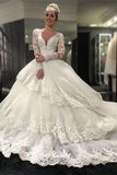 Gorgeous Long Sleeve V-Neck Open Back Lace Ball Gown Wedding Dresses PW388