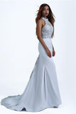 Charming Mermaid Halter Silver Sequins Prom Dresses with Appliques, Party Dress P1464