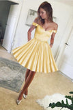 Cute A Line Yellow Off the Shoulder Sweetheart Satin with Pockets Homecoming Dresses PH720