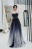 Princess A Line Ombre Strapless Tulle Beading Prom Dresses, Long Dance Dresses P1564