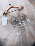 Spaghetti Straps Tulle Beads V-Neck Hand Made Flowers Wedding Dress W1208