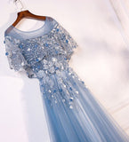 Elegant A Line Gray Blue Tulle Long Appliques Prom Dress Dance Dress P1553