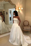 Charming A Line Satin Strapless Wedding Dress with Pockets Long Bridal Dress W1188