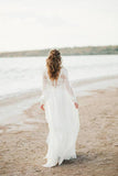 Elegant A Line See Through Long Sleeve Lace Appliques Ivory Beach Wedding Dresses uk PH873