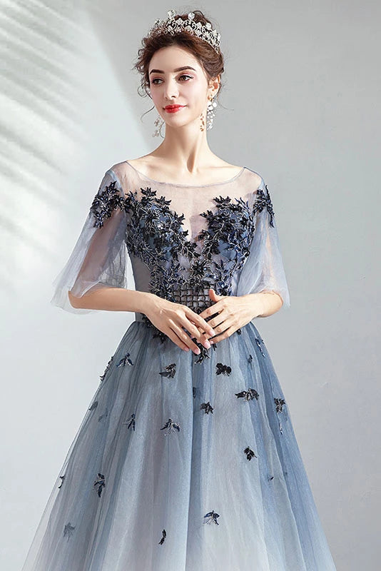 A Line Half Sleeves Tulle Long Ombre Prom Dress with Appliques Blue Evening Dress P1246