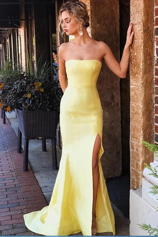 Sexy Yellow Satin Strapless Mermaid Prom Dresses, Sleeveless Evening Dresses with Split P1321