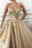 A Line One Shoulder V-Neck 3D Flowers Prom Dress Tulle Sleeveless Evening Dress P1290
