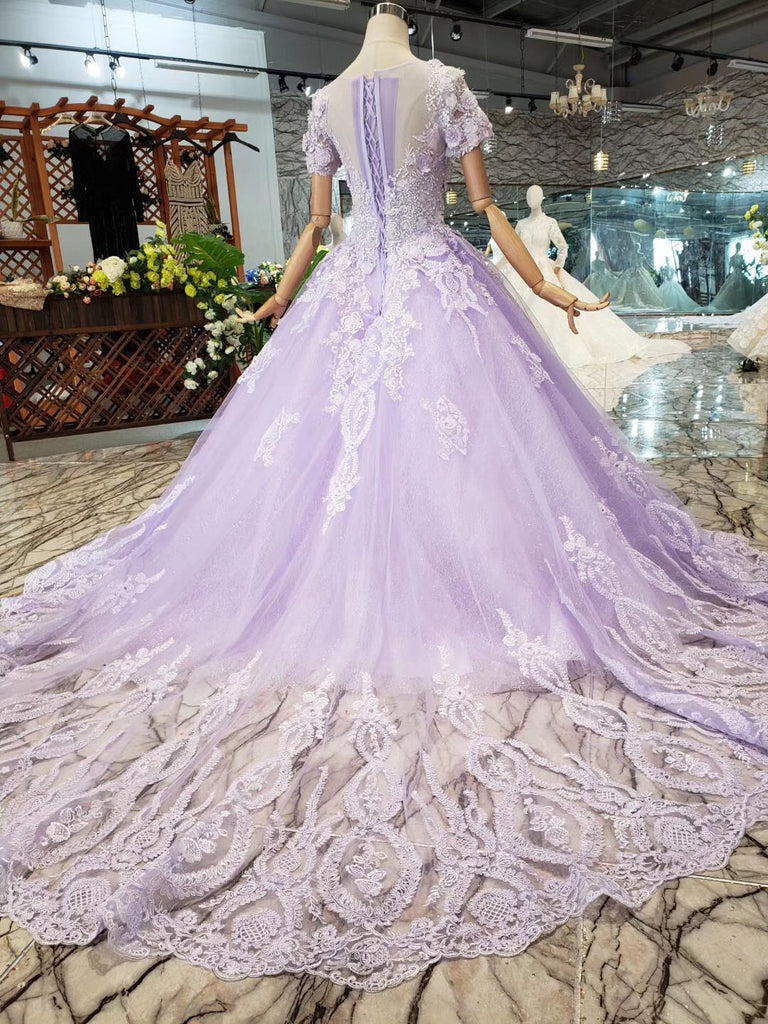 Unique Short Sleeve Lilac Ball Gown Appliques Beading Prom Dresses Quinceanera Dresses P1134