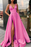 A Line Yellow Spaghetti Straps Satin Prom Dress with Slit Party Dresss P1369
