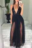 Sexy Black Spaghetti Straps Deep V Neck High Slit Tulle with Beads Prom Dresses uk PW43