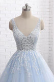 Princess V-Neck Light Blue Lace Tulle Ball Gown Long Prom Dress Formal Dress P1285
