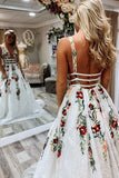 Fashion A Line Deep V Neck Backless Ivory Lace Prom Dress with Appliques N1482