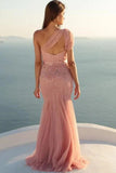 Charming Mermaid One Shoulder Tulle With Beads and Sash Prom Dress P1479