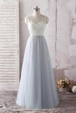 Simple A Line Spaghetti Straps Gray Sweetheart Ivory Lace Blue Tulle Prom Dresses PH608