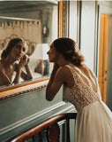 Elegant Tulle Ivory V-Neck Wedding Dress With Pearls Beach Bridal Dress W1209
