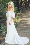 A Line Off the Shoulder Bohemian Lace Chiffon Ivory Summer Beach Wedding Dresses PH712