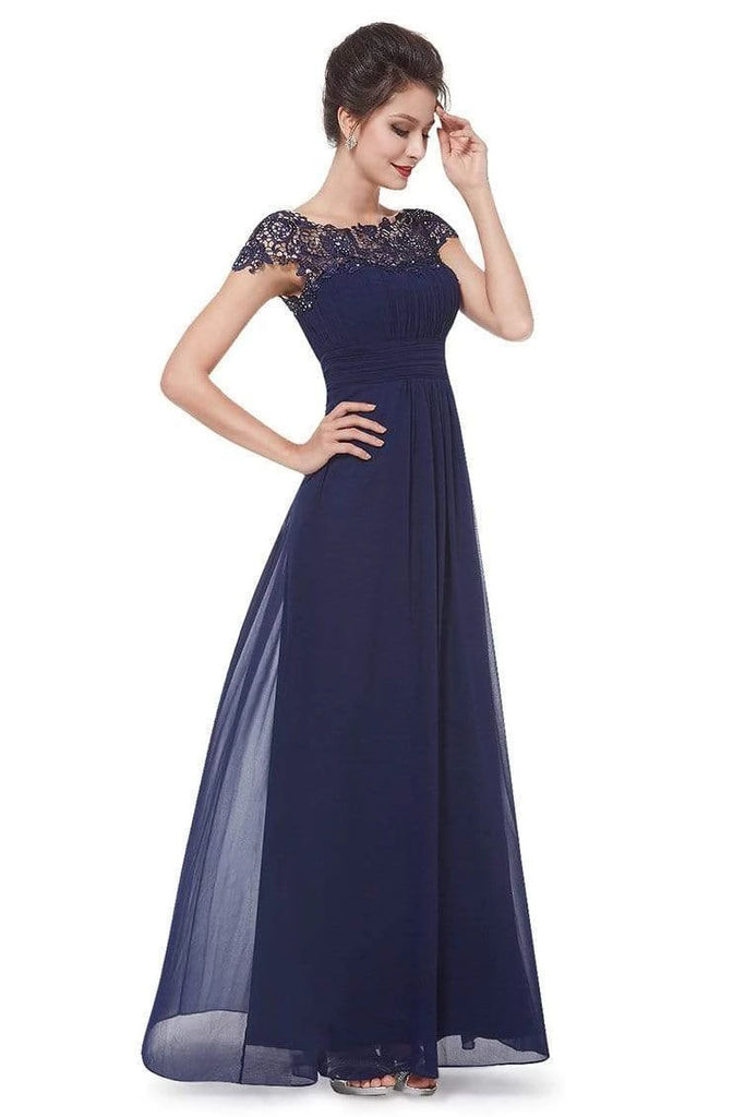 Elegant Lace Cap Sleeve Tulle Evening Gown Open Back Bateau Prom Dress ...