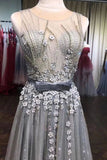 A Line Grey Tulle Beads 3D Flowers Round Neck Long Prom Dress with Belt P1219