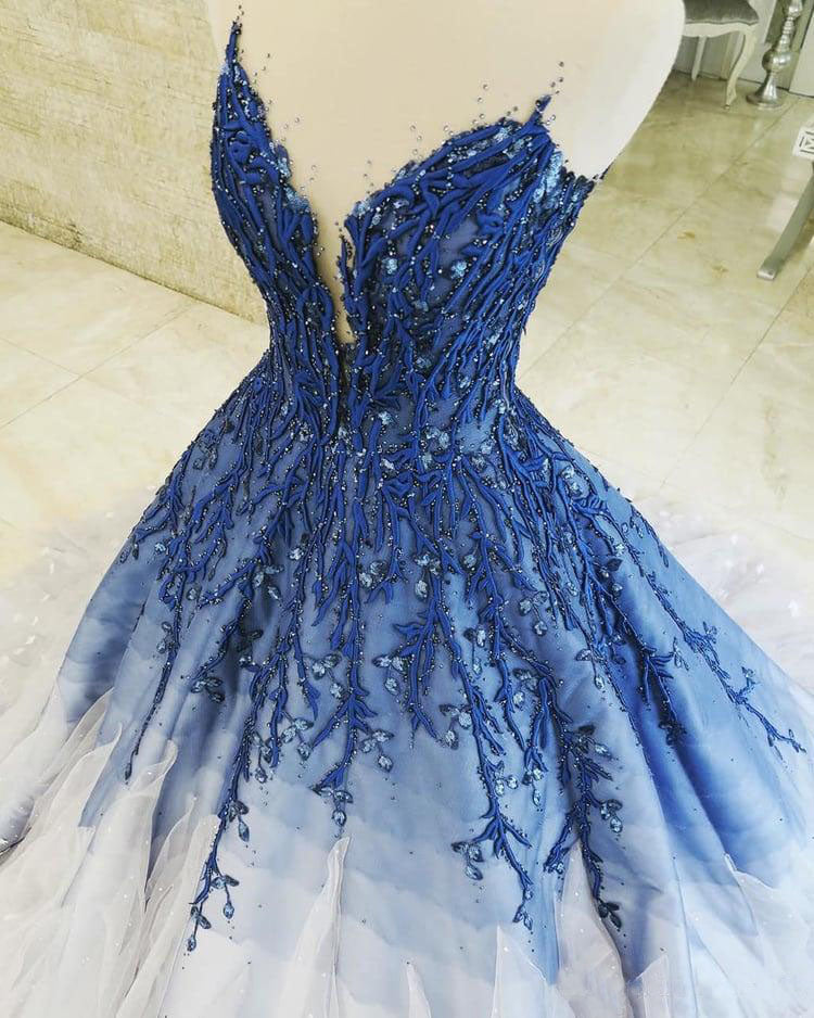 Ombre Royal Blue Appliques Long V-Neck Ball Gown Prom Dress P1319