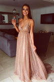 Flowy A Line Spaghetti Straps Long V-Neck Prom Dress with Sequins P1208