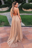 Flowy A Line Spaghetti Straps Champagne V Neck Prom Dresses with Sequins P1208