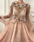 Charming A Line Long Sleeve Flowers Tulle Beads Long Party Formal Dress P1266