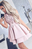 Cute A Line Sleeveless Scoop Satin Pink Embroidery Short Homecoming Dress H1302