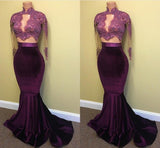 Elegant Two Piece Mermaid Long Sleeves High Neck Floor-Length Prom Dress