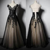 Charming Appliques Lace-up Sweetheart Short Sleeve Black Tulle Evening Dress