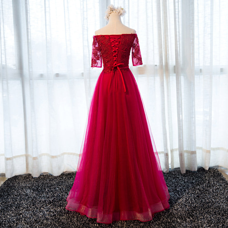 Off The Shoulder Half Sleeve Appliques Red Tulle Prom Dresses