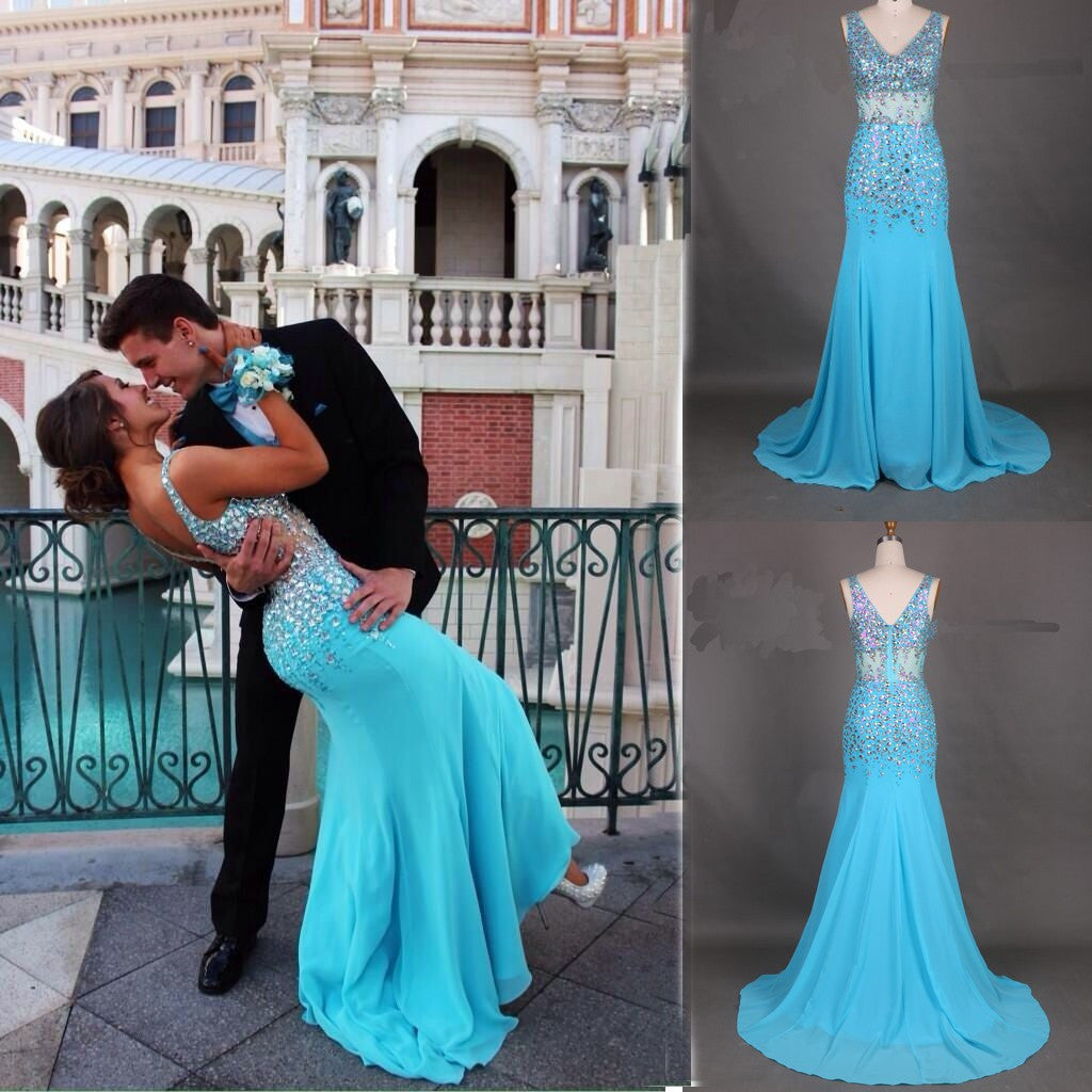 Mermaid Diamond Blue Straps Sleeveless Long Prom Dress