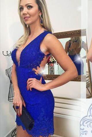 Royal Blue Lace Fitted Short Prom Dress Homecoming Dress