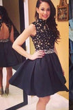 Elegant Open Back Lace Black Fitted Halter Mini Homecoming Dresses
