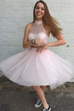 Two Pieces Pretty Sexy Charming Beading Halter Tulle Blush Pink Homecoming Dresses H97