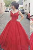 Elegant Red Appliques Lace up Cap Sleeve Long Prom Dress