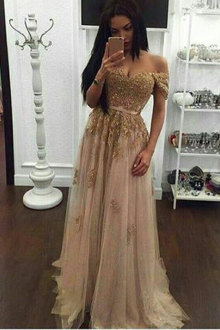 Off the Shoulder Gold Appliques Tulle Long Prom Dresses