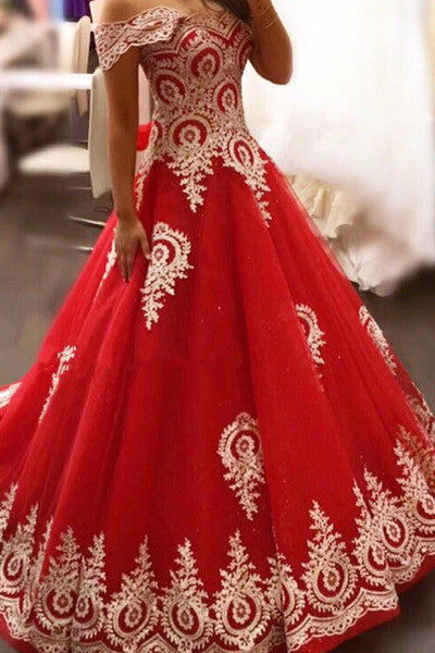 Red Organza Lace Applique Off-shoulder Short sleeves A Line Long Prom Dress