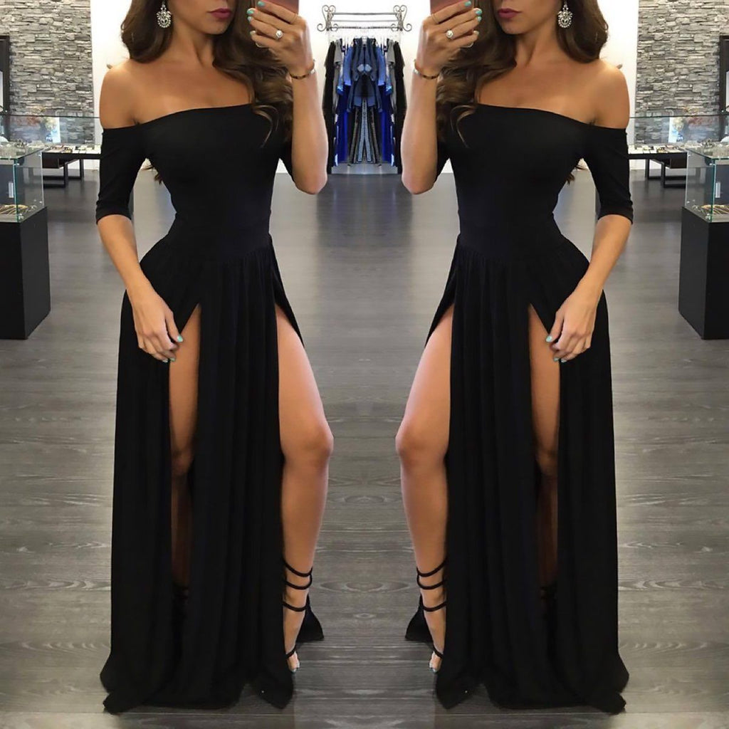 Sexy Black Long Off-the-Shoulder A Line Half Sleeve Scoop Sexy Slit Prom Dress