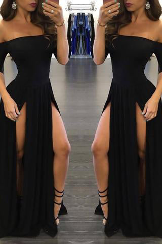 Sexy Black Long Off-the-Shoulder A Line Half Sleeve Scoop Sexy Slit Prom Dress