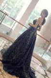 Elegant A Line Strapless Navy Blue Sparkly Long Prom Dress PM427