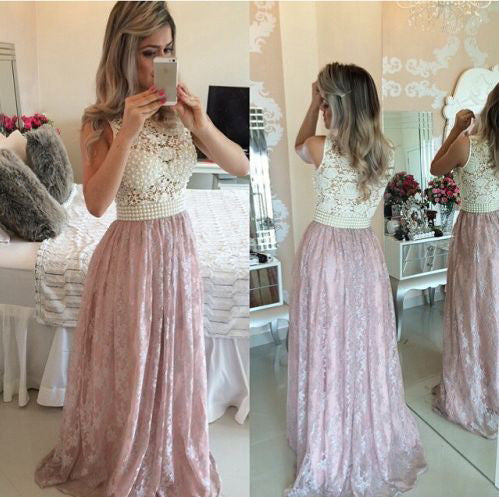 Pink Lace Beautiful Beading Long Prom Gowns Formal Dress – PromDress.me.uk