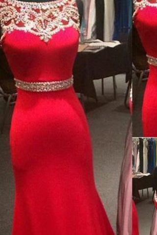 Sexy Mermaid Satin Sparkle Red Beaded Bodice Lace Long Prom Dresses