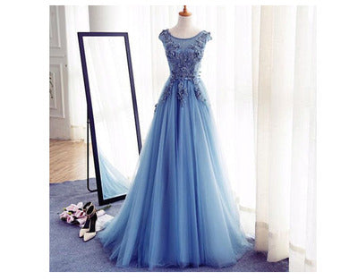 Charming A Line Tulle Blue Lace up Appliques Long Sleeveless Prom Dress