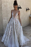 A-Line White Long Tulle Deep V Neck Lace Sleeveless Appliques Prom Dresses uk PH850