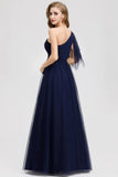 A Line One Shoulder Navy Blue Tulle Pleats Prom Dresses P1175