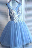 A Line V Neck Blue Tulle Cheap Beads Short Homecoming Dresses uk with Lace Appliques PW05